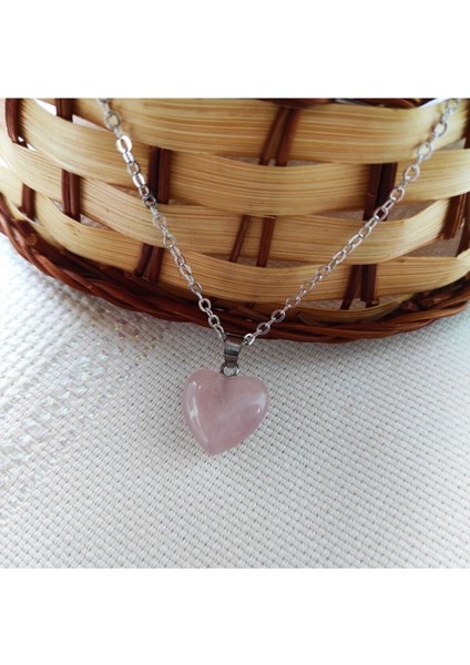Doğal Kalp Kesim Pembe Kuvars Taşı Kolye Aksesuar Şık Hediyelik