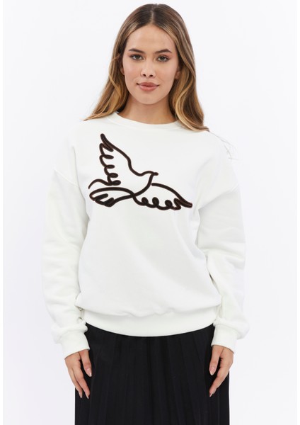 Kadife Kuş Desenli Şardonlu (Içi Polarlı) Ekru Regular Fit Bisiklet Yaka Kadın Sweatshirt