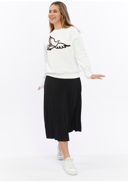 Kadife Kuş Desenli Şardonlu (Içi Polarlı) Ekru Regular Fit Bisiklet Yaka Kadın Sweatshirt fiyatları