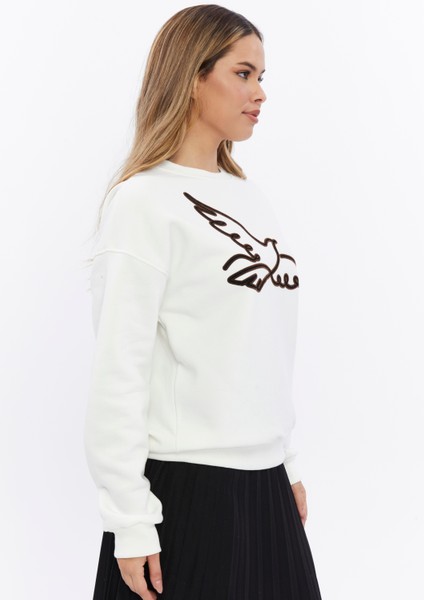 Kadife Kuş Desenli Şardonlu (Içi Polarlı) Ekru Regular Fit Bisiklet Yaka Kadın Sweatshirt modelleri