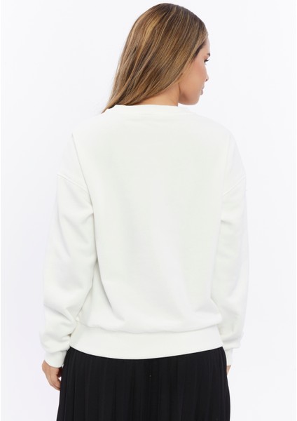 Kadife Kuş Desenli Şardonlu (Içi Polarlı) Ekru Regular Fit Bisiklet Yaka Kadın Sweatshirt fırsatları