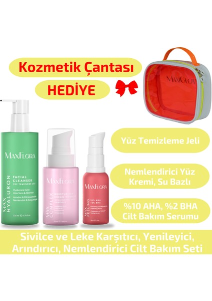 Leke Karşıtı Cilt Bakım Seti, Yüz Yıkama Jeli, Nemlendirici Yüz Kremi, Aha Bha Kırmızı Peeling Cilt Bakım Serumu, Makyaj Çantası Hediyeli