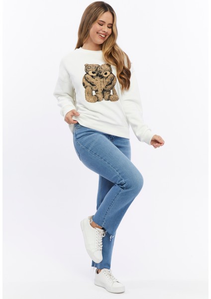 Kadife Ayıcıklar Desenli Şardonlu (Içi Polarlı) Ekru Regular Fit Bisiklet Yaka Kadın Sweatshirt
