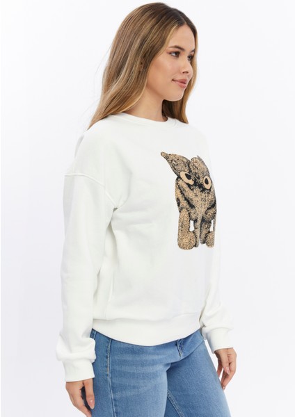 Kadife Ayıcıklar Desenli Şardonlu (Içi Polarlı) Ekru Regular Fit Bisiklet Yaka Kadın Sweatshirt