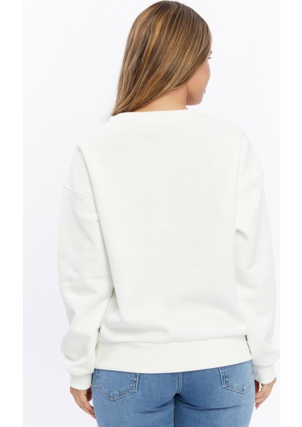 Kadife Ayıcıklar Desenli Şardonlu (Içi Polarlı) Ekru Regular Fit Bisiklet Yaka Kadın Sweatshirt