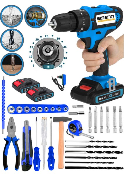 Alman Xr 398 Vf 45 Tork Kademeli 2 Akülü Vidalama + 37 Parça Komple Usta Alet Seti