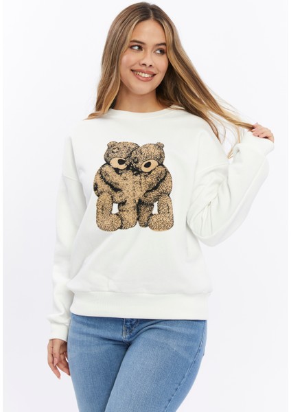Kadife Ayıcıklar Desenli Şardonlu (Içi Polarlı) Ekru Regular Fit Bisiklet Yaka Kadın Sweatshirt