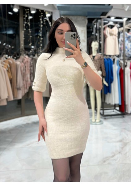 Meyra Yumuşak Dokulu Kısa Kol Aksesuarlı Elbise Taş