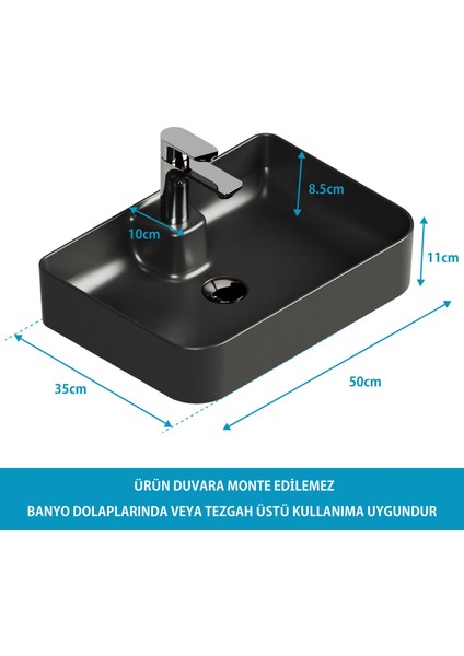 Mestola Tezgah Üstü Lavabo Batarya Delikli, 50X35 Cm. ,mat Siyah