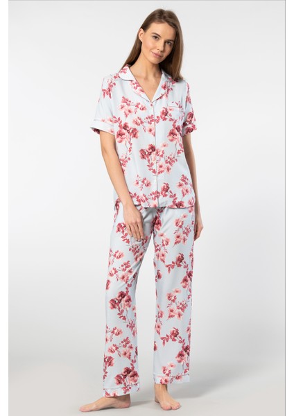 Kadın Desenli Kısa Kol Dokuma Pijama Takımı