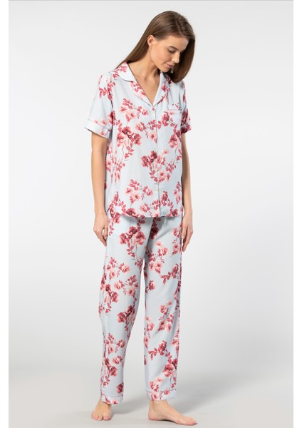 Kadın Desenli Kısa Kol Dokuma Pijama Takımı modelleri
