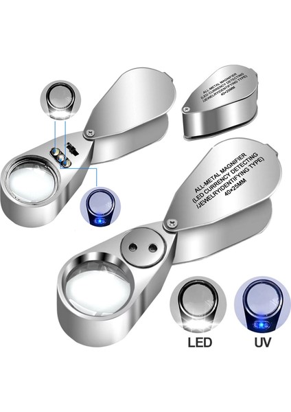 Full Çelik LED Işıklı Profesyonel BÜYÜTEÇ-40X25 Lup Işıklı Kuyumcu Saatci Katlanır Büyüteç Kutulu