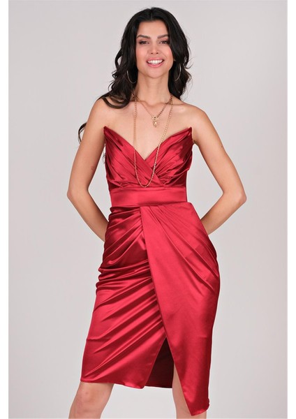 Minella Straplez Pileli Kısa Abiye Elbise KIRMIZI