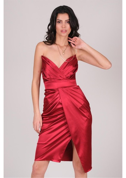 Minella Straplez Pileli Kısa Abiye Elbise KIRMIZI fiyatları