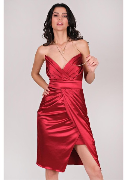 Minella Straplez Pileli Kısa Abiye Elbise KIRMIZI modelleri