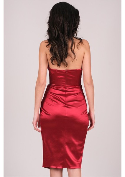 Minella Straplez Pileli Kısa Abiye Elbise KIRMIZI fırsatları