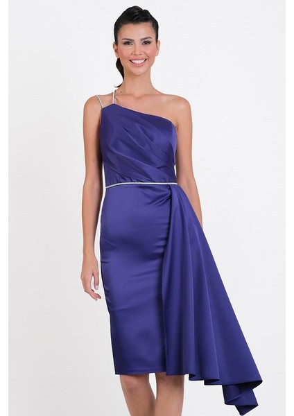 Pantaleo Taş Aksesuar Askılı Asimetrik Yaka Yırtmaçlı Kısa Abiye Elbise Saks fiyatları