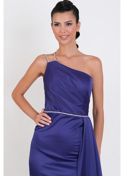 Pantaleo Taş Aksesuar Askılı Asimetrik Yaka Yırtmaçlı Kısa Abiye Elbise Saks fırsatları