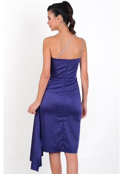 Pantaleo Taş Aksesuar Askılı Asimetrik Yaka Yırtmaçlı Kısa Abiye Elbise Saks indirimleri