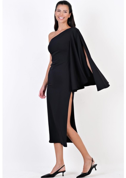 Clario Geniş Kesim Tek Kol Uzun Abiye Elbise Siyah