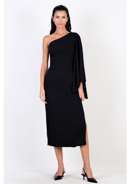 Clario Geniş Kesim Tek Kol Uzun Abiye Elbise Siyah fiyatları