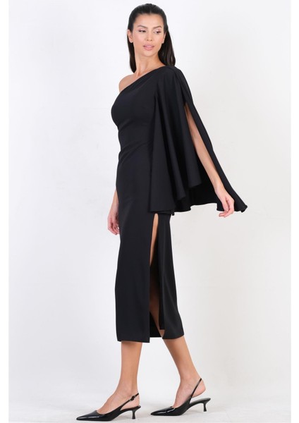 Clario Geniş Kesim Tek Kol Uzun Abiye Elbise Siyah modelleri