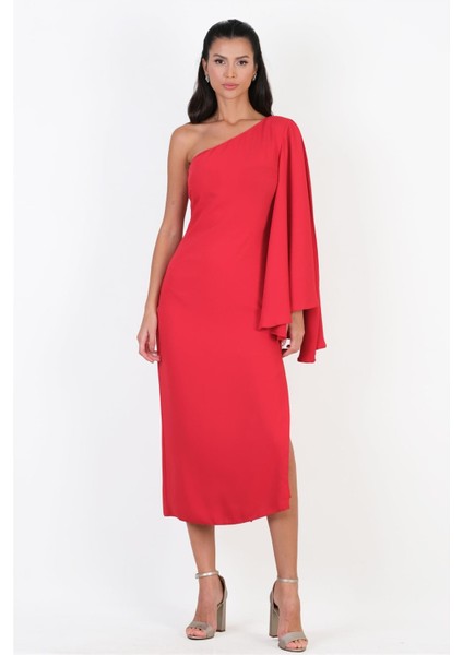 Clario Geniş Kesim Tek Kol Uzun Abiye Elbise Kırmızı