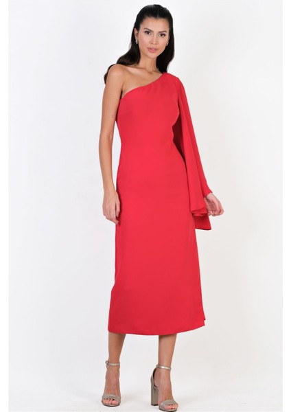 Clario Geniş Kesim Tek Kol Uzun Abiye Elbise Kırmızı fiyatları