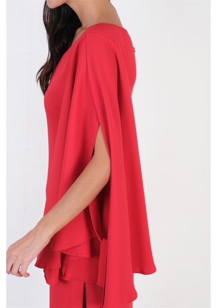 Clario Geniş Kesim Tek Kol Uzun Abiye Elbise Kırmızı modelleri
