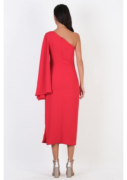 Clario Geniş Kesim Tek Kol Uzun Abiye Elbise Kırmızı fırsatları