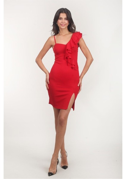 Ampelia Tek Taraf Volanlı Kısa Abiye Elbise KIRMIZI fiyatları