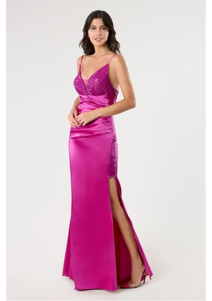 Nazzarino Ince Askılı Sırtı Bantlı Beli Drapeli Uzun Abiye Eibise Fuşya