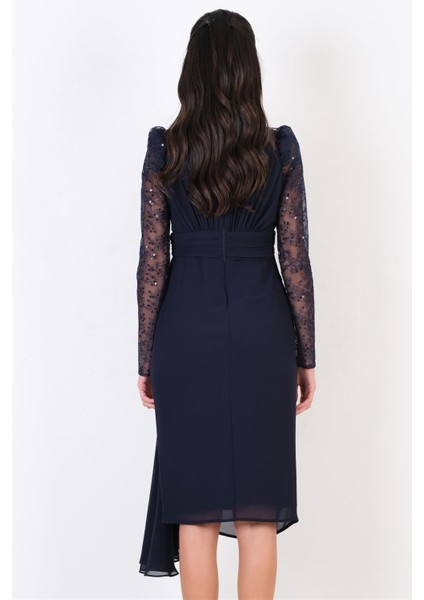 Ombra Kol Tül Beli Drapeli Midi Abiye Elbise LACİVERT fiyatları