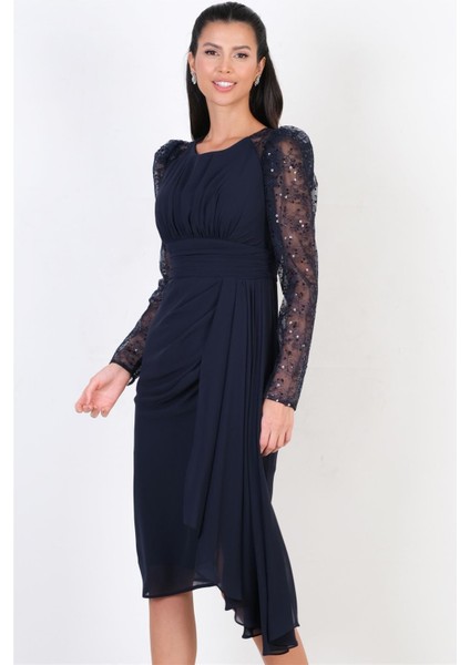 Ombra Kol Tül Beli Drapeli Midi Abiye Elbise LACİVERT modelleri