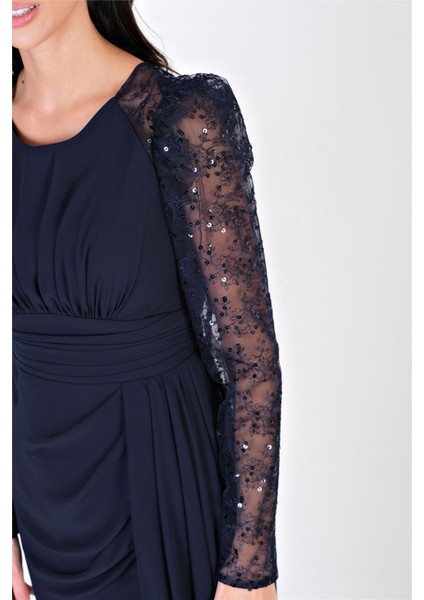 Ombra Kol Tül Beli Drapeli Midi Abiye Elbise LACİVERT fırsatları