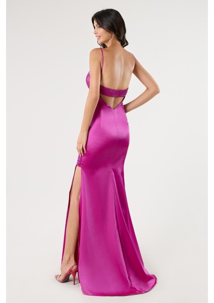 Nazzarino Ince Askılı Sırtı Bantlı Beli Drapeli Uzun Abiye Eibise Fuşya fiyatları