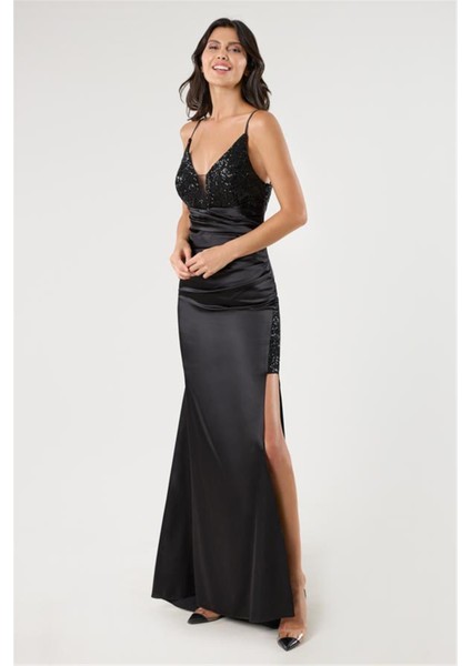 Nazzarino Ince Askılı Sırtı Bantlı Beli Drapeli Uzun Abiye Eibise Siyah