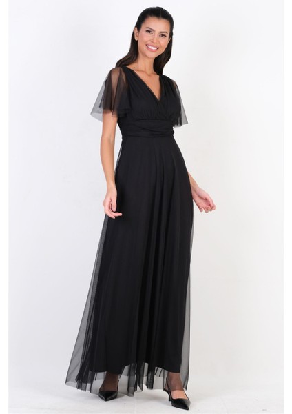 Donahue Ön Arka V Yaka Beli Drapeli Uzun Abiye Elbise Siyah fiyatları
