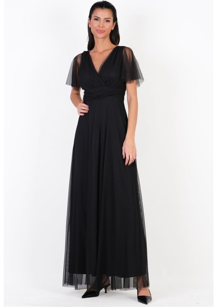 Donahue Ön Arka V Yaka Beli Drapeli Uzun Abiye Elbise Siyah modelleri