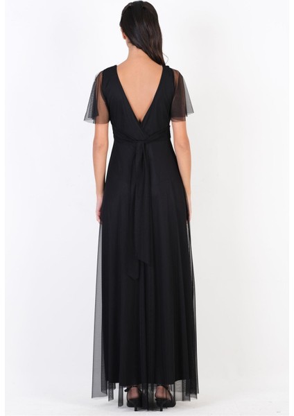 Donahue Ön Arka V Yaka Beli Drapeli Uzun Abiye Elbise Siyah fırsatları