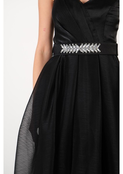 Devaney Kalp Yaka İnce Askılı Taşlı Kemerli Uzun Abiye Elbise SİYAH modelleri