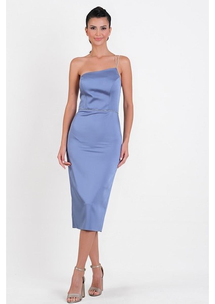 Padovani Asimetrik Yaka Taşlı Bel Tek Askılı Midi Abiye Elbise İNDİGO