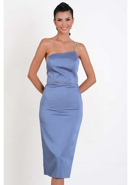 Padovani Asimetrik Yaka Taşlı Bel Tek Askılı Midi Abiye Elbise İNDİGO fiyatları