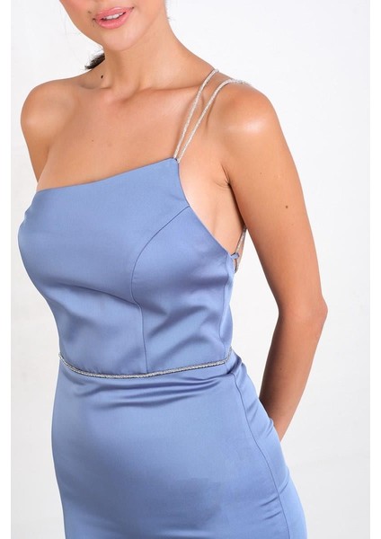 Padovani Asimetrik Yaka Taşlı Bel Tek Askılı Midi Abiye Elbise İNDİGO modelleri