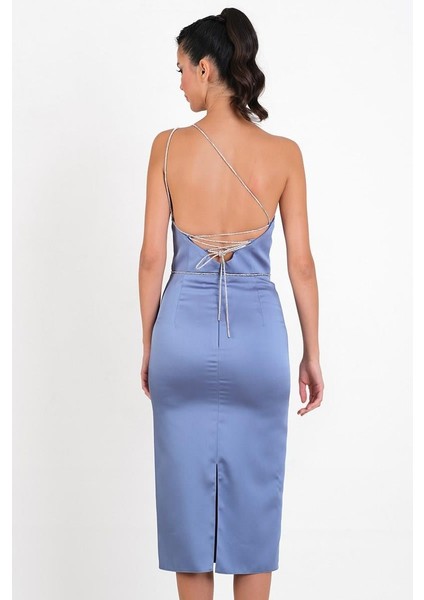 Padovani Asimetrik Yaka Taşlı Bel Tek Askılı Midi Abiye Elbise İNDİGO fırsatları