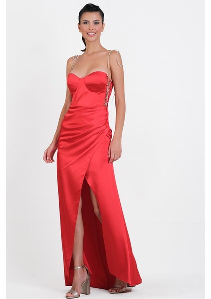 Detmers Yanı Tül Taşlı Çapraz Bağcıklı Straplez Uzun Abiye Elbise KIRMIZI fiyatları