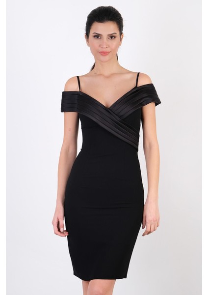 Odolina Ince Askılı Kruvaze Kayık Yaka Kısa Abiye Elbise Siyah
