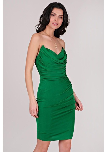 Cafagna Degaje Yaka Straplez Kısa Abiye Elbise YEŞİL fiyatları