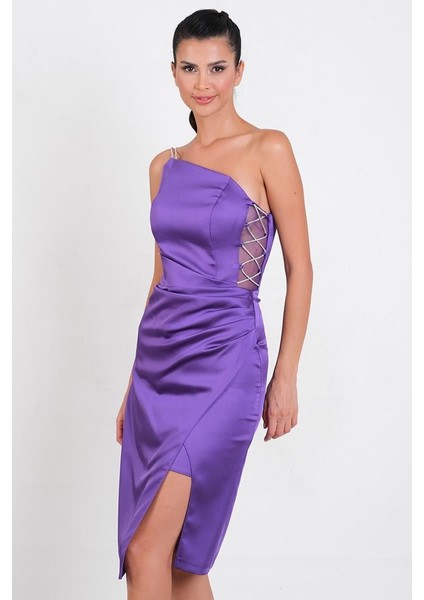 Coletta Yan Çapraz Aksesuar Detaylı Asimetrik Etek Kısa Abiye Elbise MOR