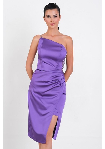 Coletta Yan Çapraz Aksesuar Detaylı Asimetrik Etek Kısa Abiye Elbise MOR fiyatları